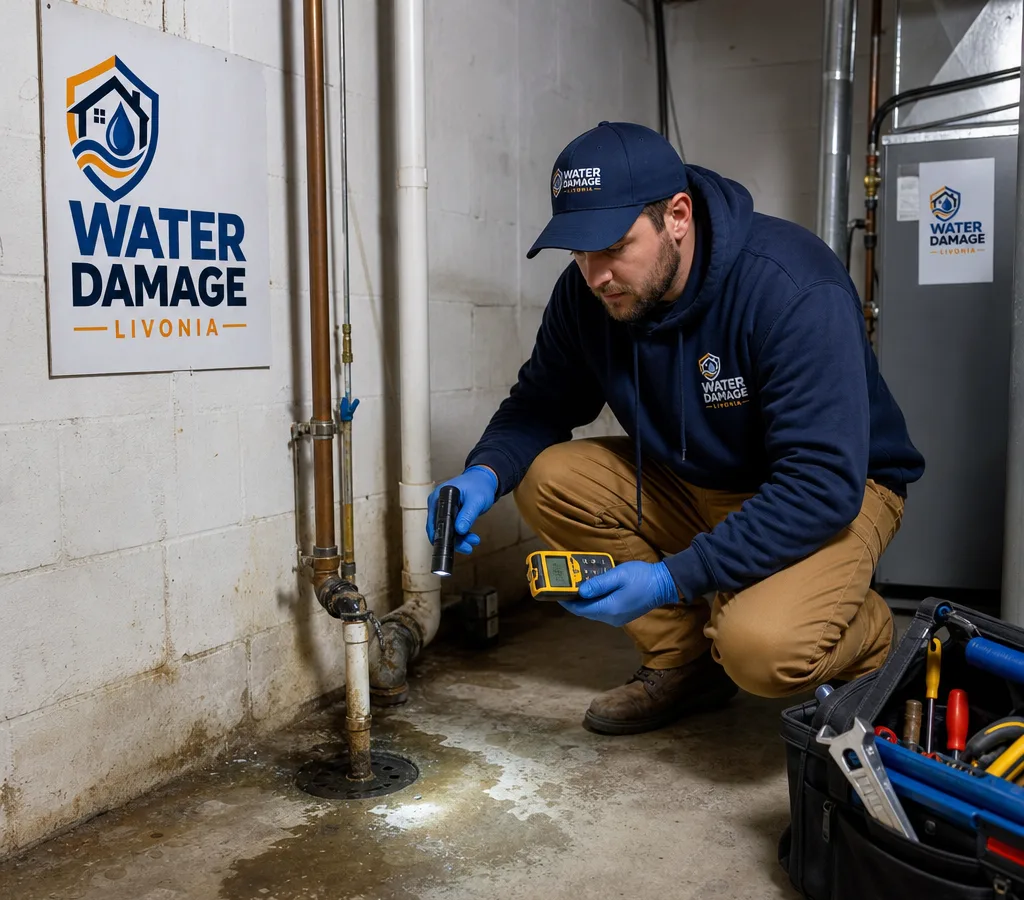 Uniformed plumber diagnosing supply lines near a basement floor drain in a Livonia home