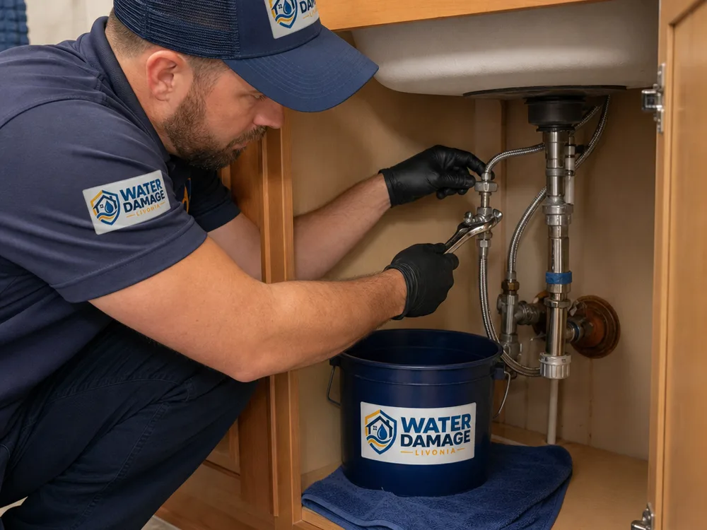 Plumber installing a quarter-turn shutoff valve and braided supply line beneath a bathroom vanity
