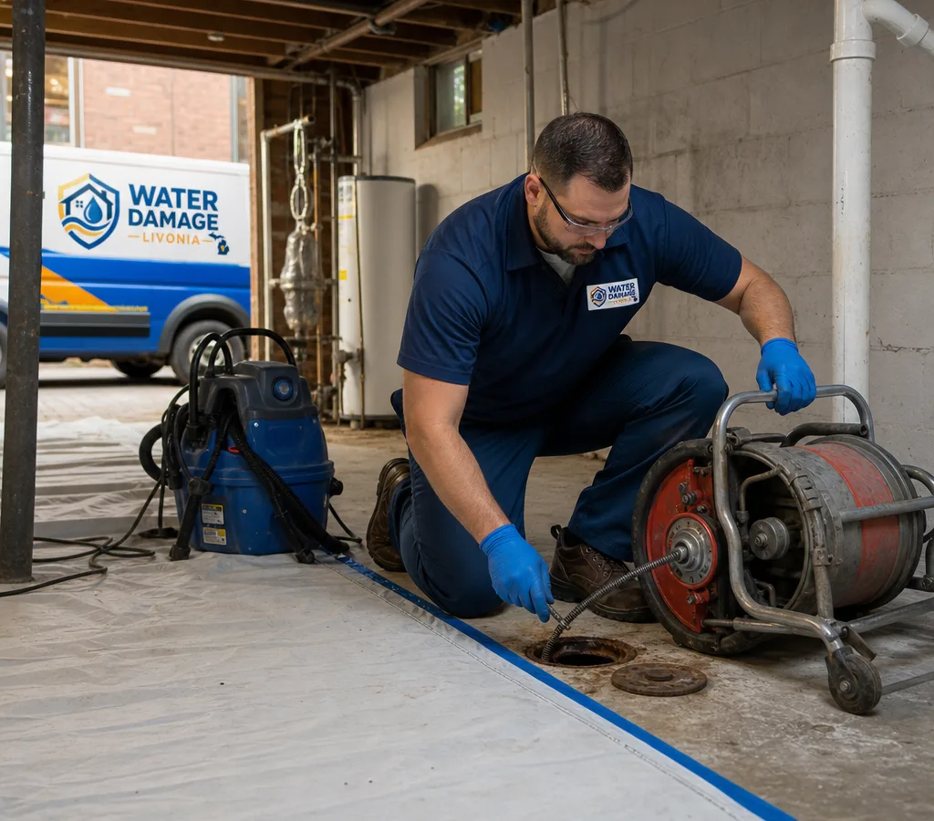 Plumber working near a main drain cleanout with a drain machine and protective floor covering in a Livonia basement