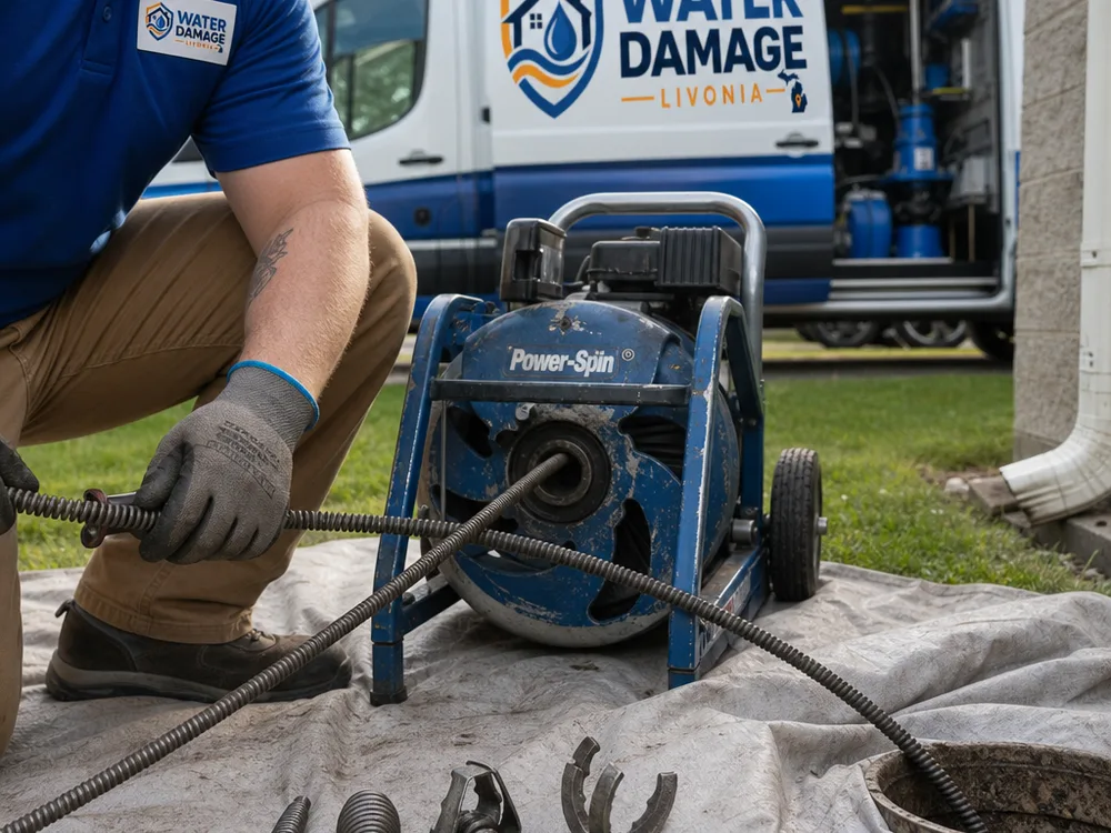 Drain cleaning cable and cutter heads arranged on a protective tarp beside a residential cleanout