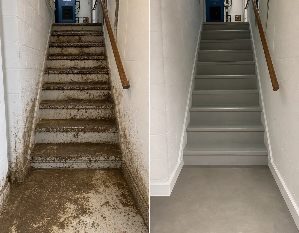 Before-and-after view of a professionally cleaned and restored home interior