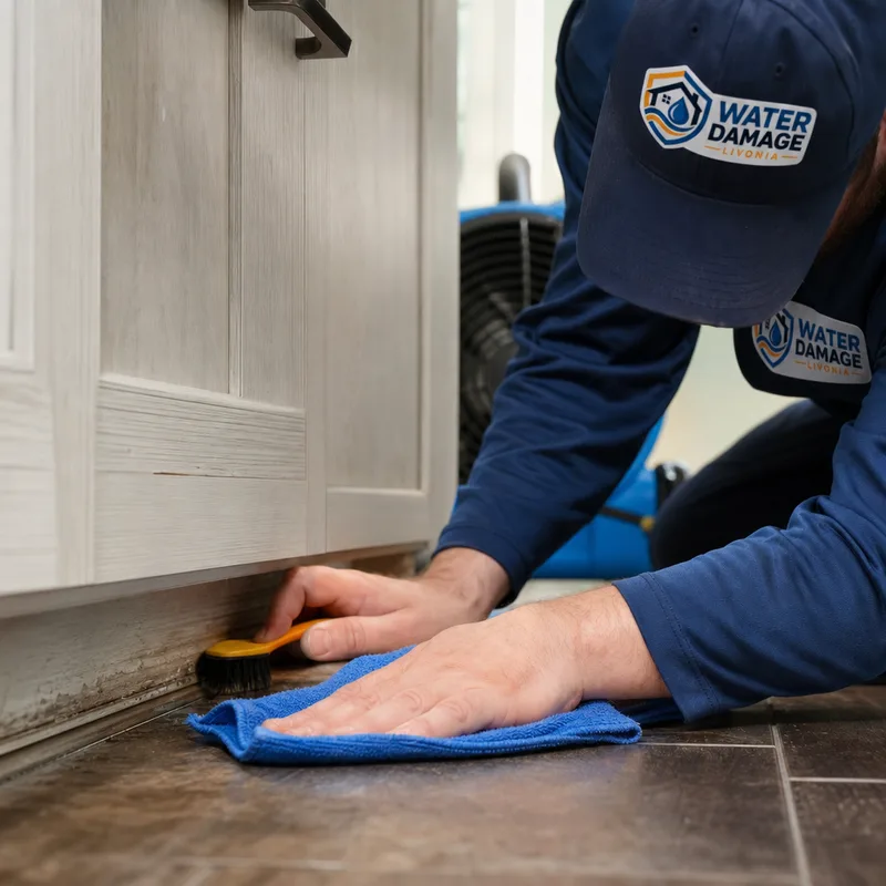 Cabinet toe-kick and floor transition being hand-cleaned with microfiber and a small brush
