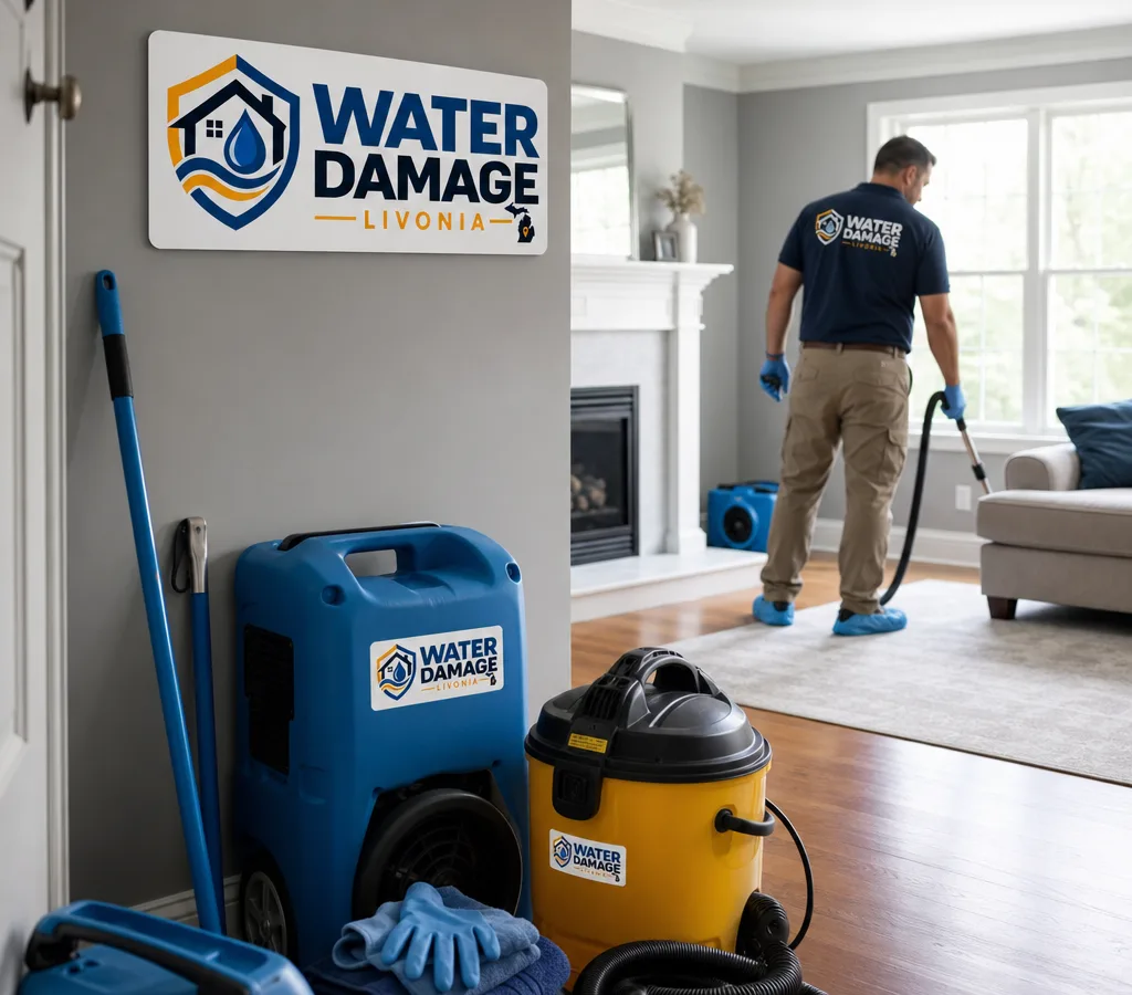 Restoration-style cleaning equipment staged inside a cleaned Livonia home