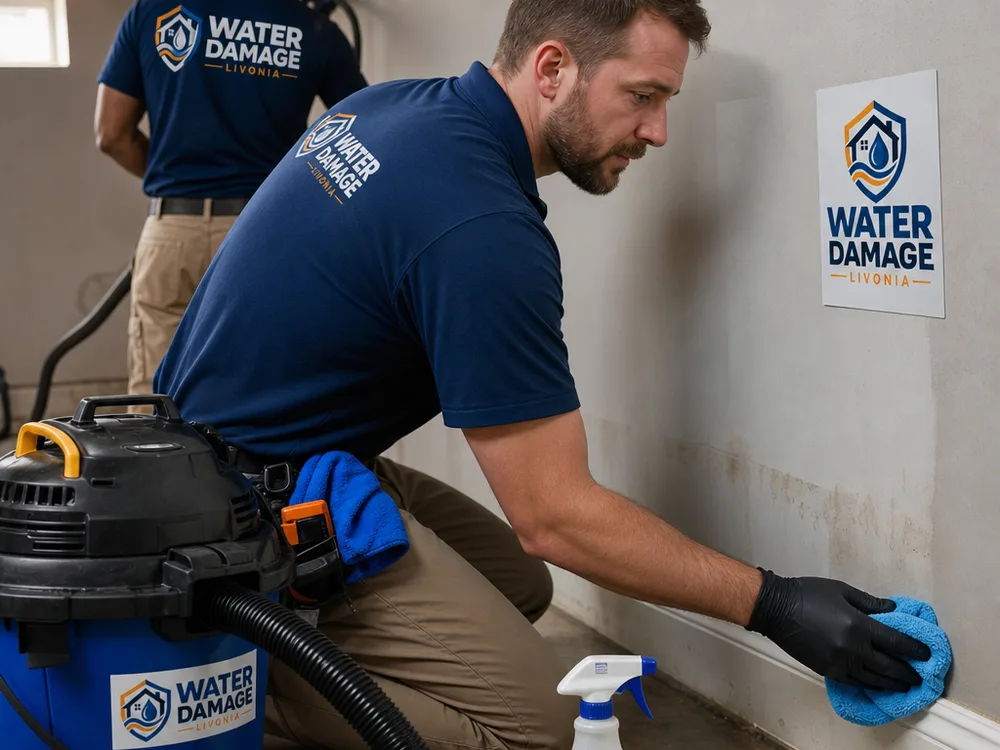 Technicians cleaning basement baseboards and lower drywall with a wet and dry vacuum nearby