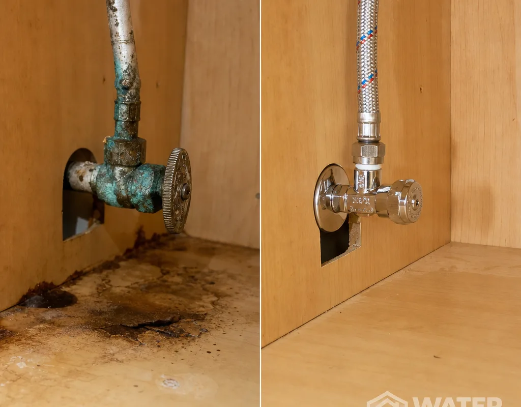 Before and after view of a corroded leaking angle stop replaced with a new valve and supply line