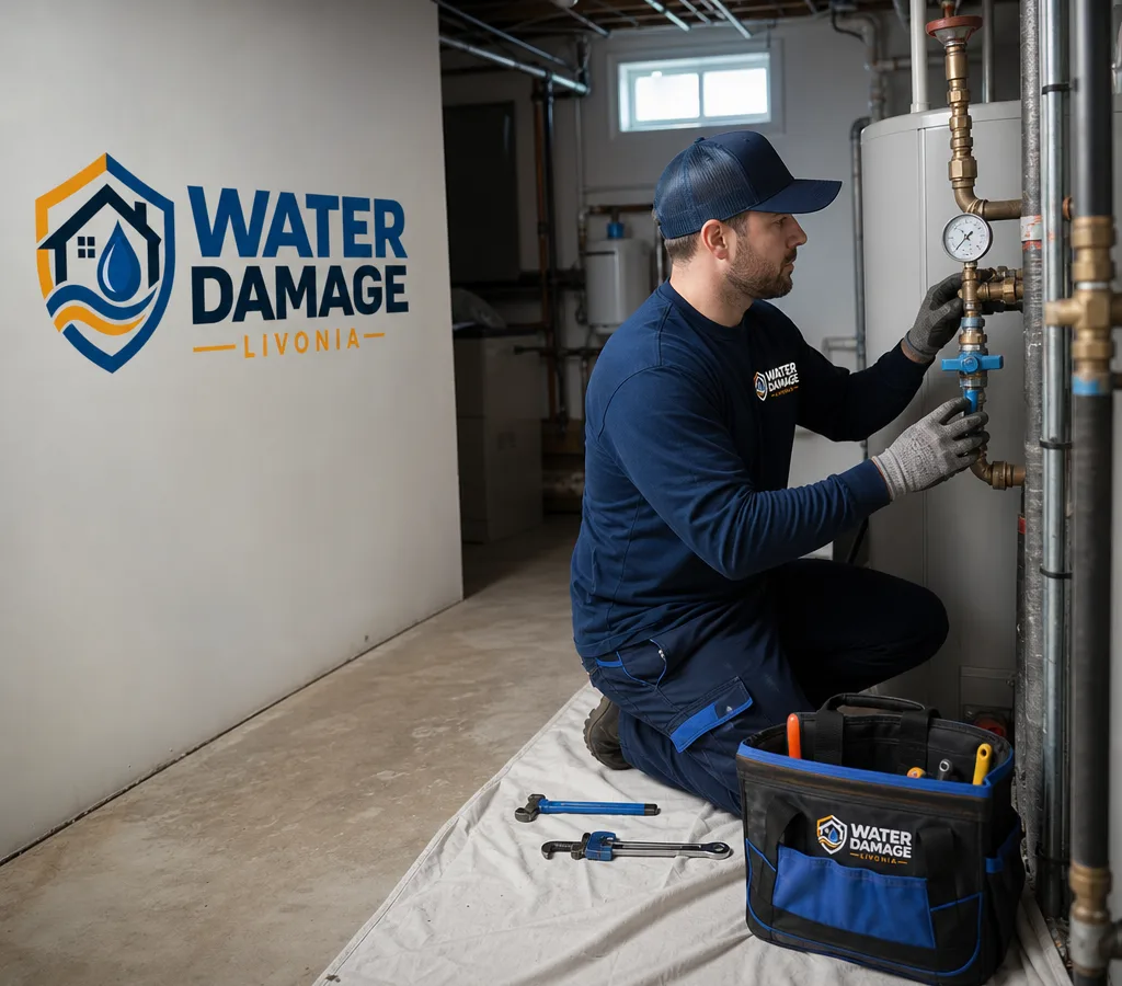 Professional plumber checking a main shutoff and pressure gauge in a Livonia home mechanical area