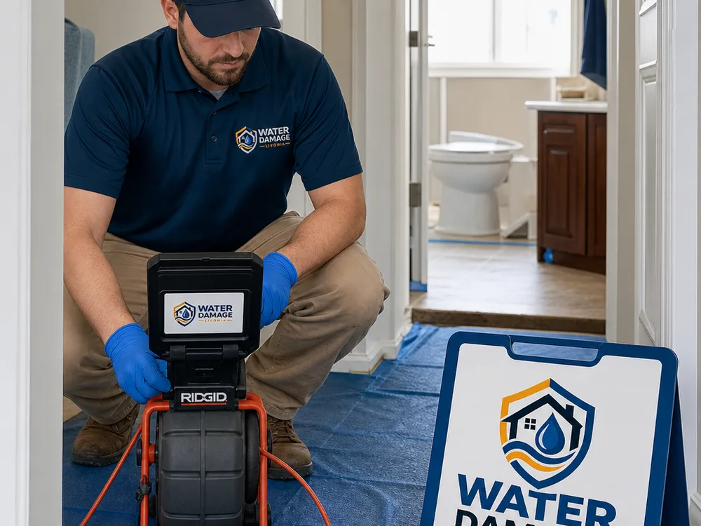 Technician preparing a residential drain camera inspection with protective floor covering