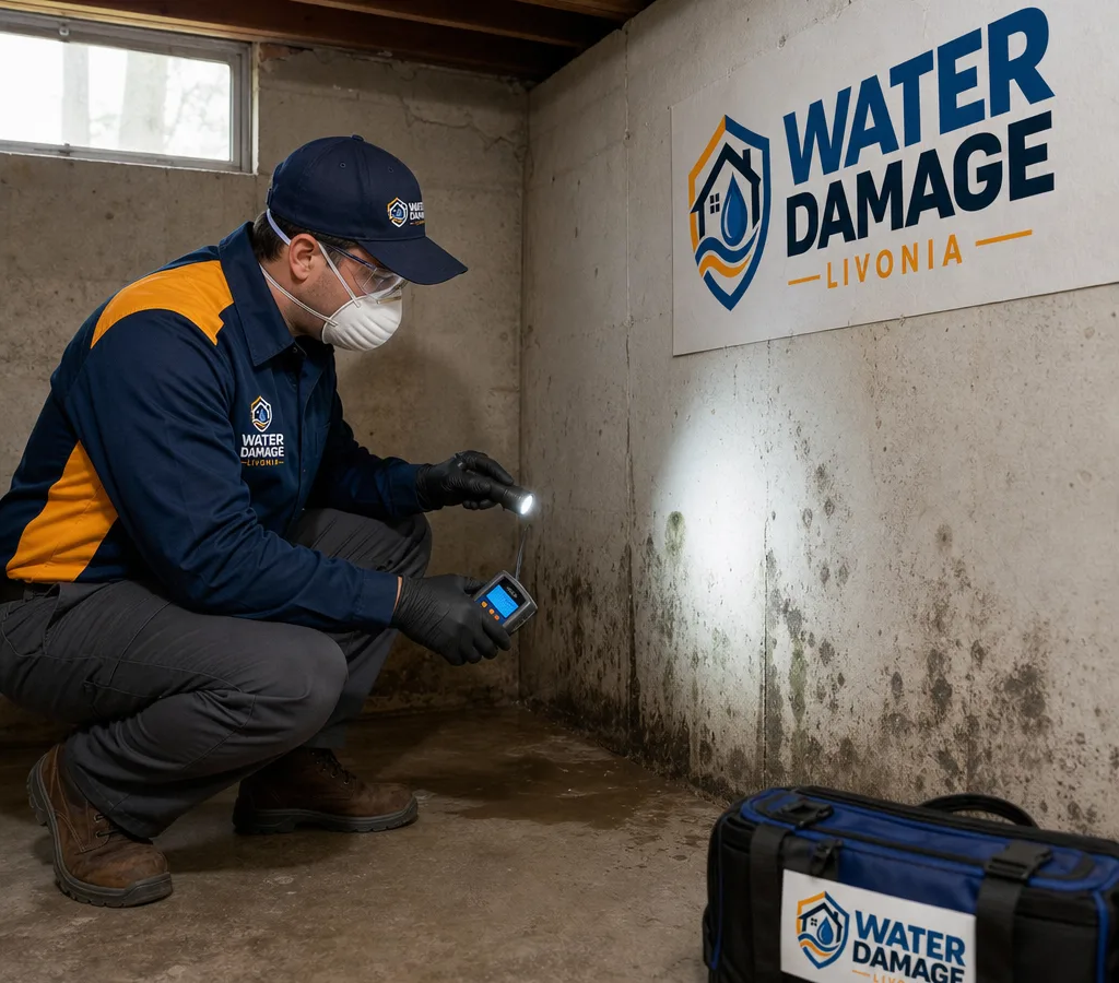 Inspector in protective equipment examining a Livonia basement corner with a moisture meter and flashlight