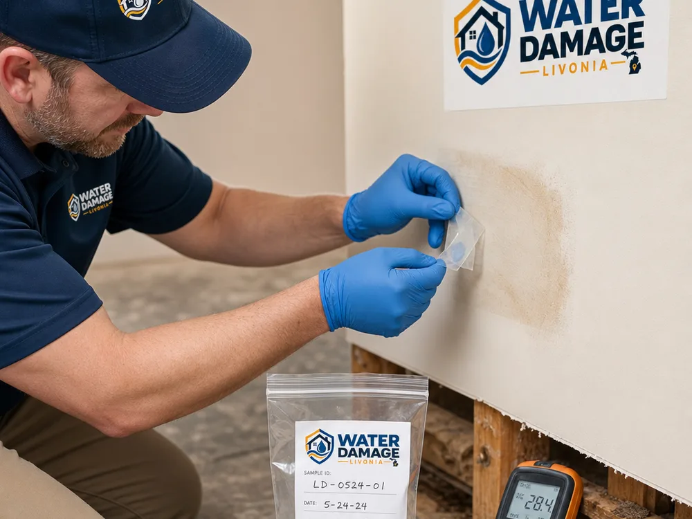 Technician taking a surface sample near discolored drywall with a labeled sample bag and moisture meter