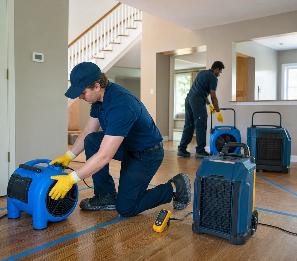 Water damage restoration equipment operating inside a Livonia home