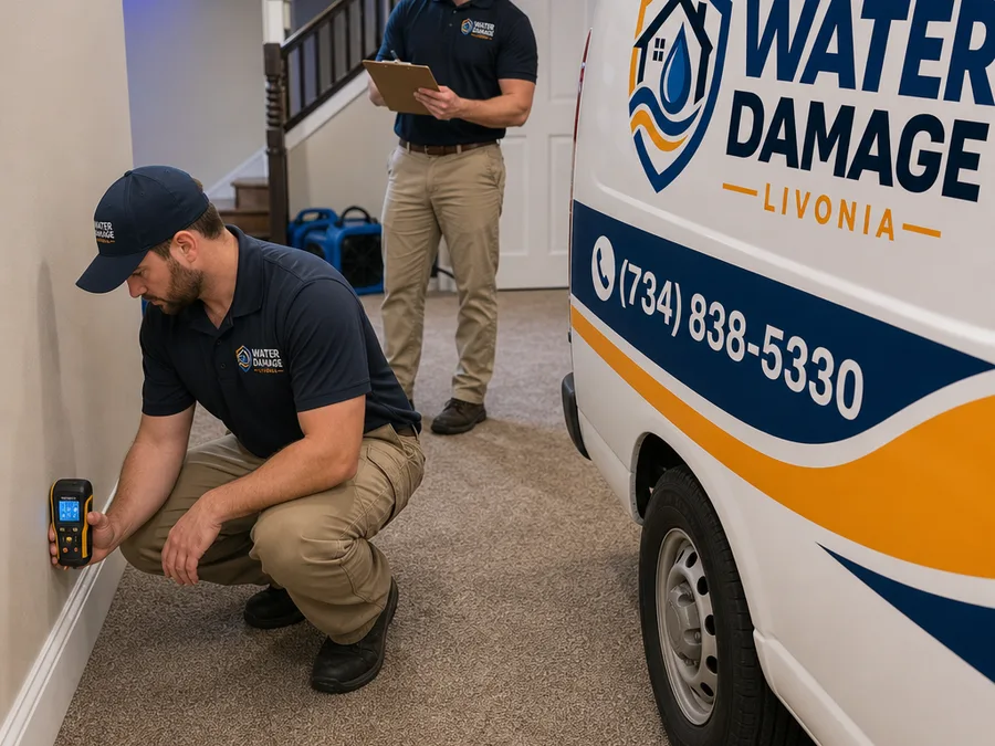 Plumber using a moisture meter under a sink while another technician prepares fittings and a shutoff wrench